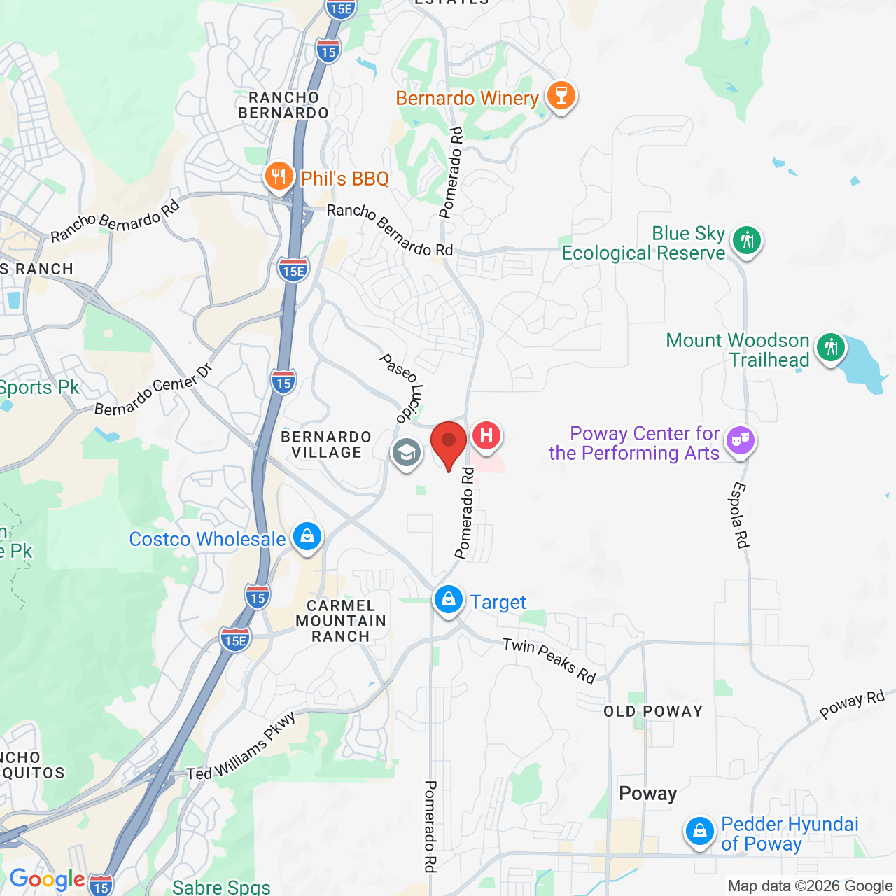 Google map image of our location in 15525 Pomerado Rd Poway, CA
