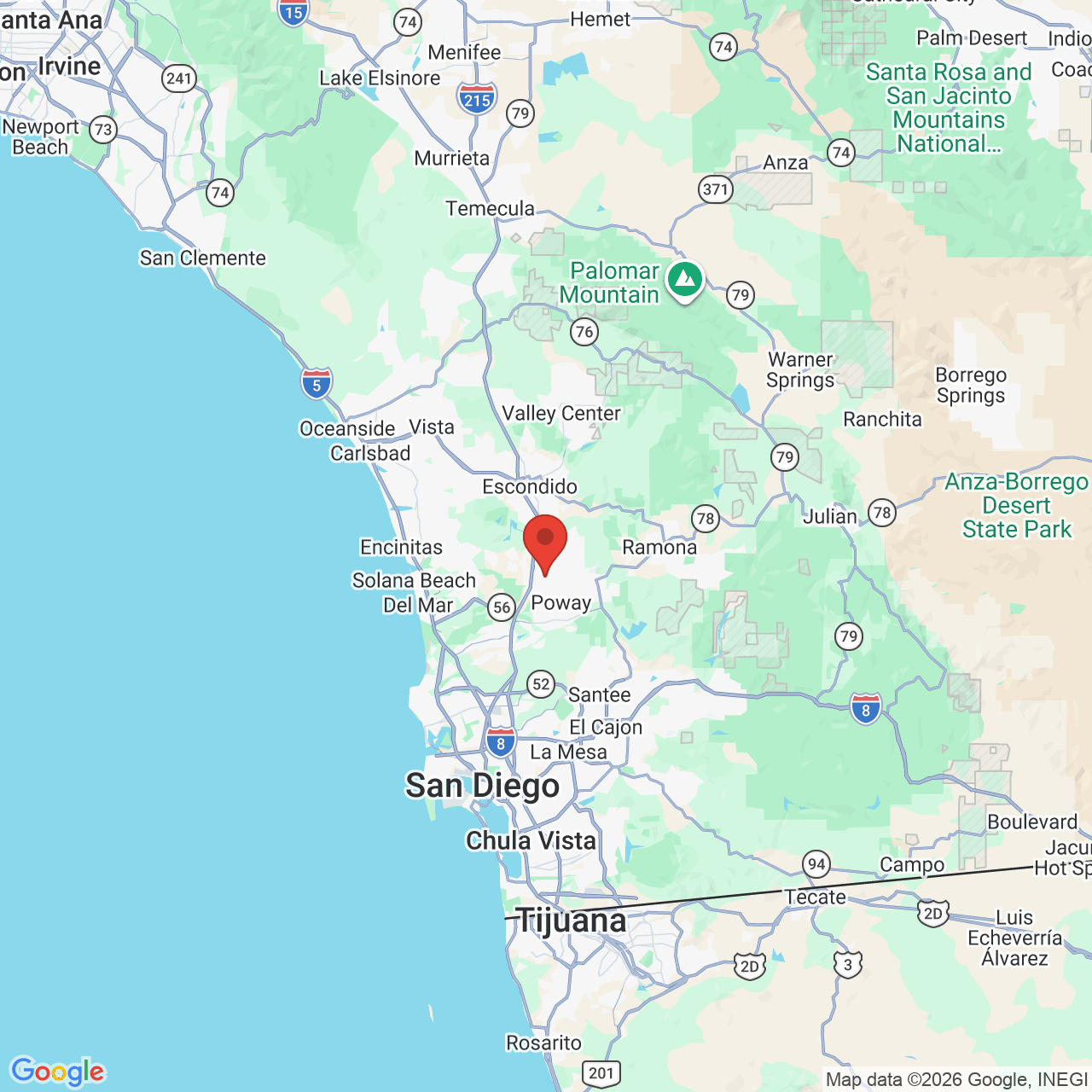 Google map image of our location in 15525 Pomerado Rd Poway, CA
